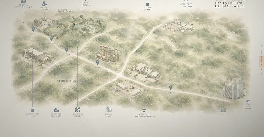 Mapa do eixo de luxo no interior de São Paulo, a 115 km da capital