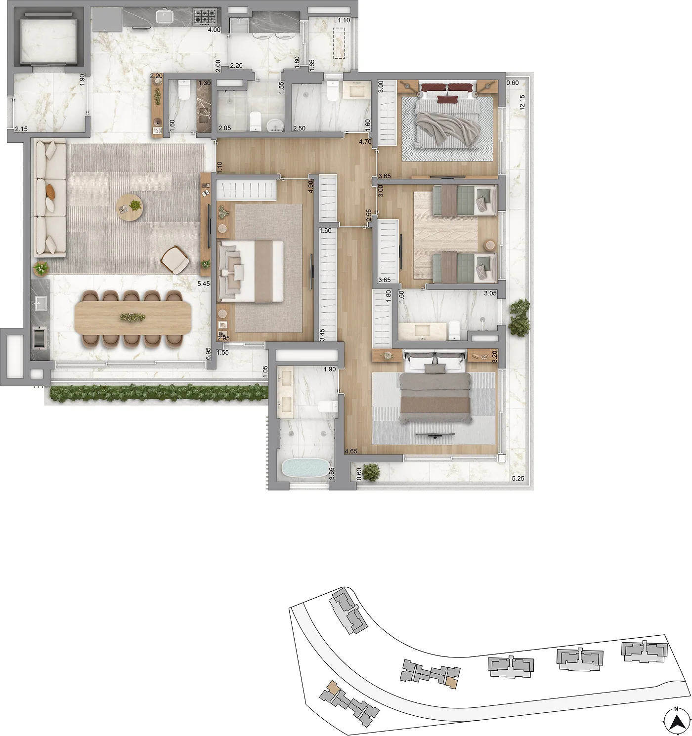 Planta Amalfi e Puglia — Planta padrão, 194,50 m²