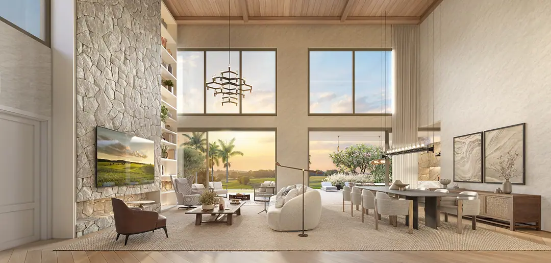 Sala de jantar integrada de casa do Villa Riviera, com vista para o jardim